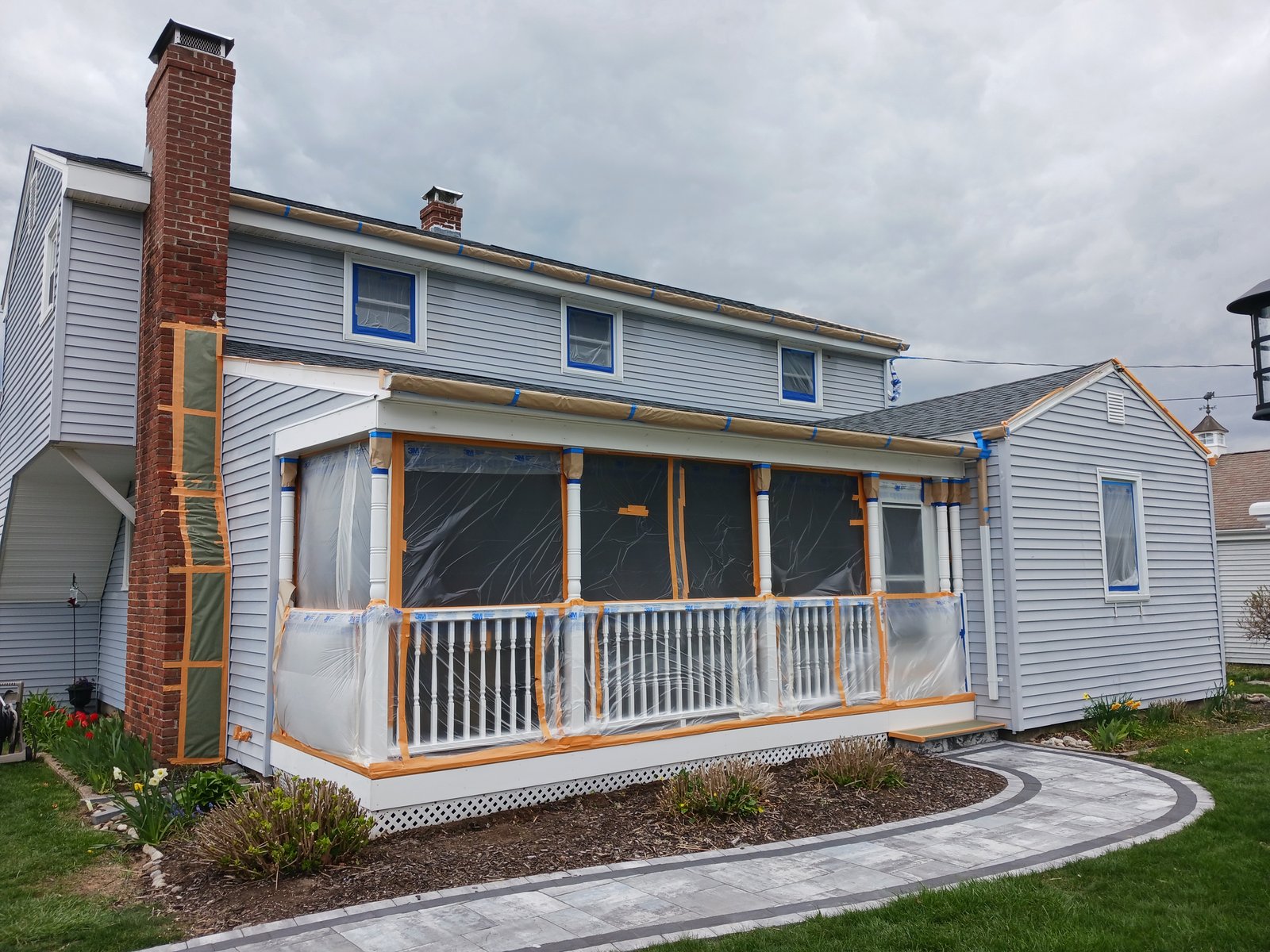 Exterior House Light Blue Siding White Trim Porch Prepped — Frank Leonard Painting LLC