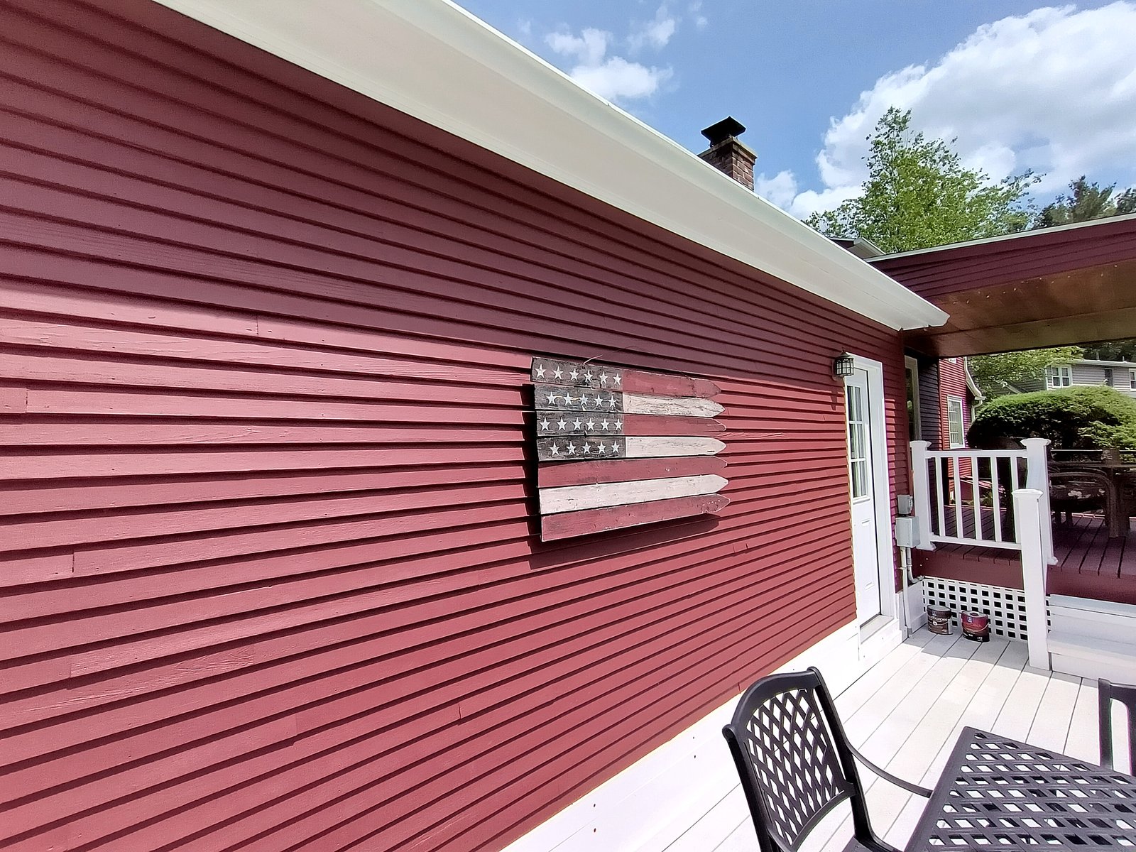 Exterior House Red Siding White Trim Deck — Frank Leonard Painting LLC