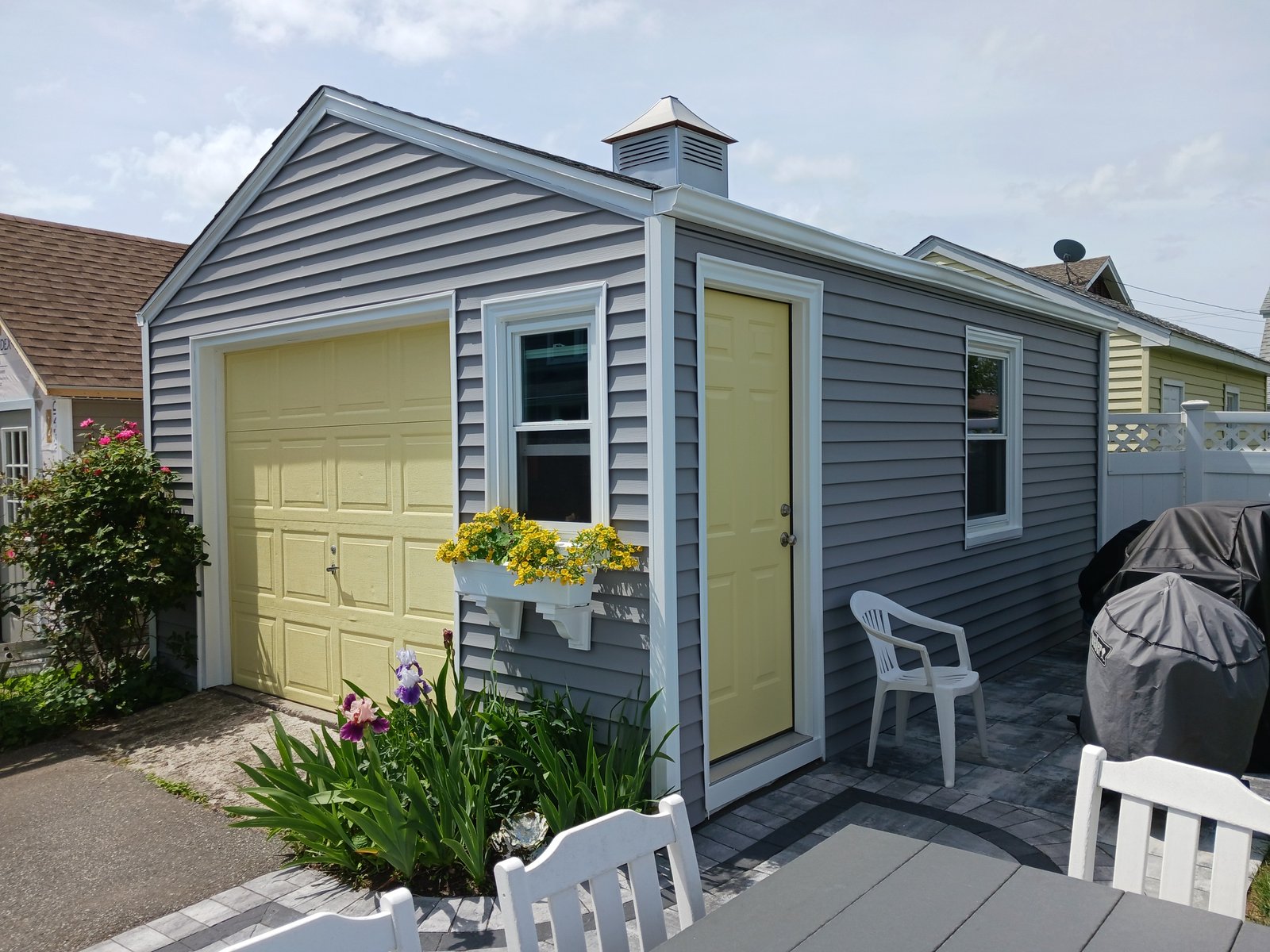 Exterior Shed Gray Siding Yellow Doors White Trim — Frank Leonard Painting LLC