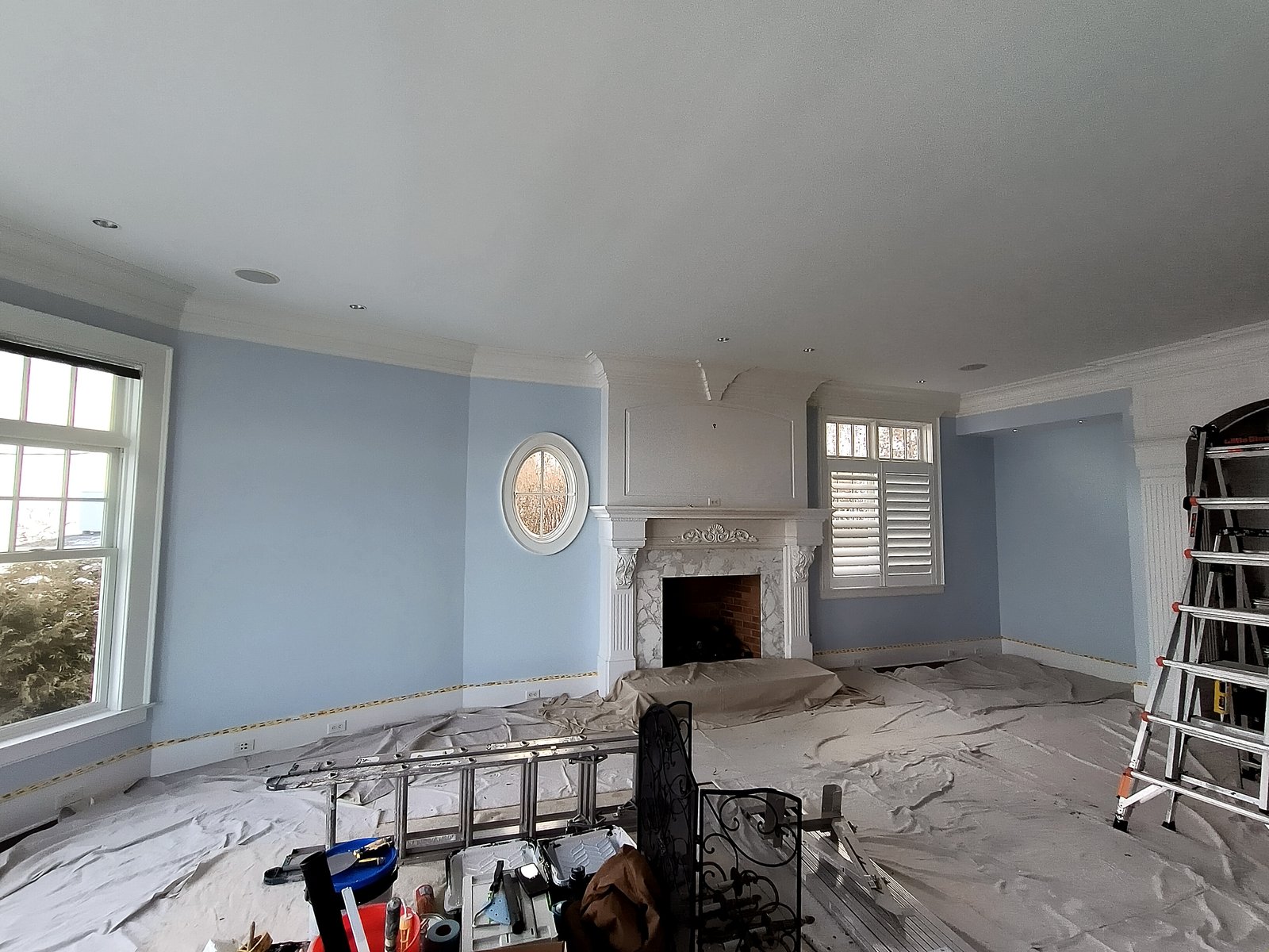 Interior Living Room Blue Walls White Trim Painting — Frank Leonard Painting LLC