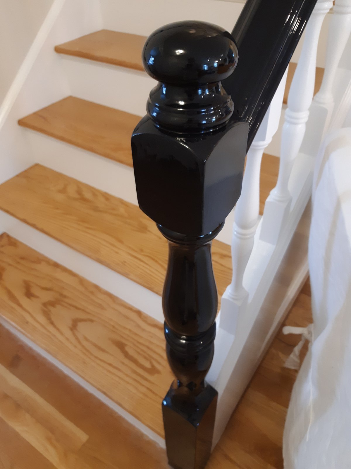 Interior Staircase Black Newel Post White Risers Wood Treads — Frank Leonard Painting LLC