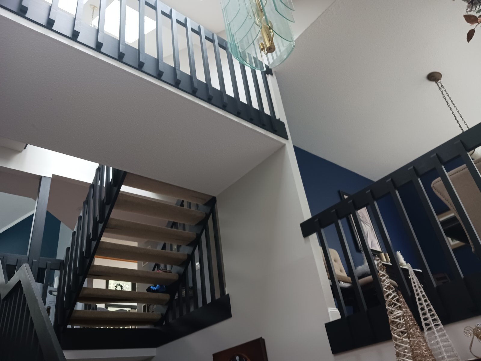Interior Staircase Black Railings White Blue Walls — Frank Leonard Painting LLC